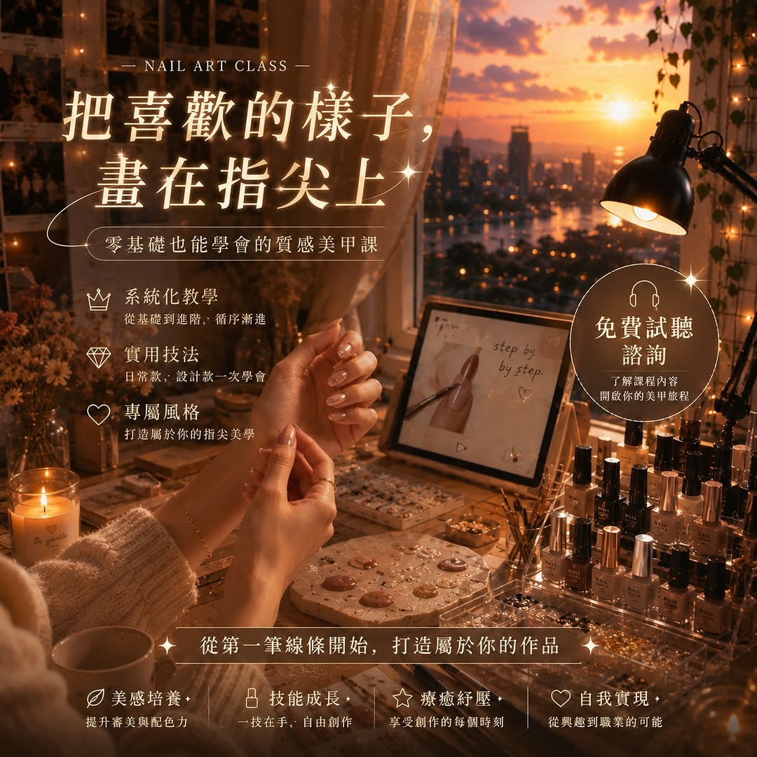 想學美甲卻不知從何開始？零基礎也能掌握的質感全科班💅🏻 相信自己，妳比想像中更有創造力✨ 如果你正在尋找一個： 🌿 療癒紓壓，能享受創作的每刻時光 🛠️ 技能成長，擁有一技在手自由創作 ✨ 自我實現，從興趣發展到職業的可能 Luy…