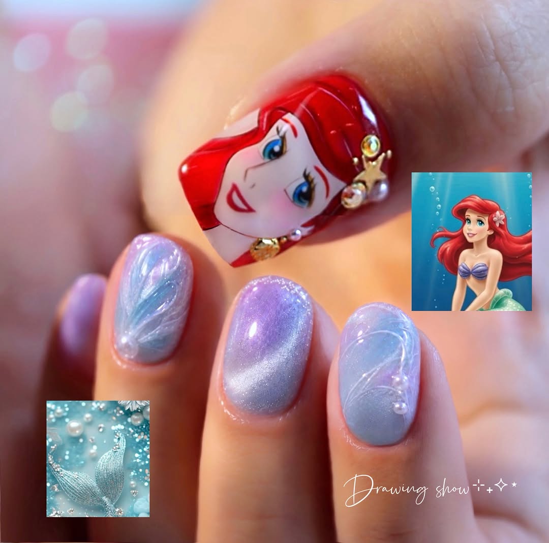여름이면 꼭 나가는 인어공주 드로잉네일 🧜‍♀️ 🎨 스티커 ❌ ✅캐릭터 예약시 꼭 말씀해주세요 Since 2007 ✅일본 젤네일 전문샵 14년차 ✅일본에서 직접 바잉하는 재료를 사용합니다. ✅일본통젤 사용 ✅한…